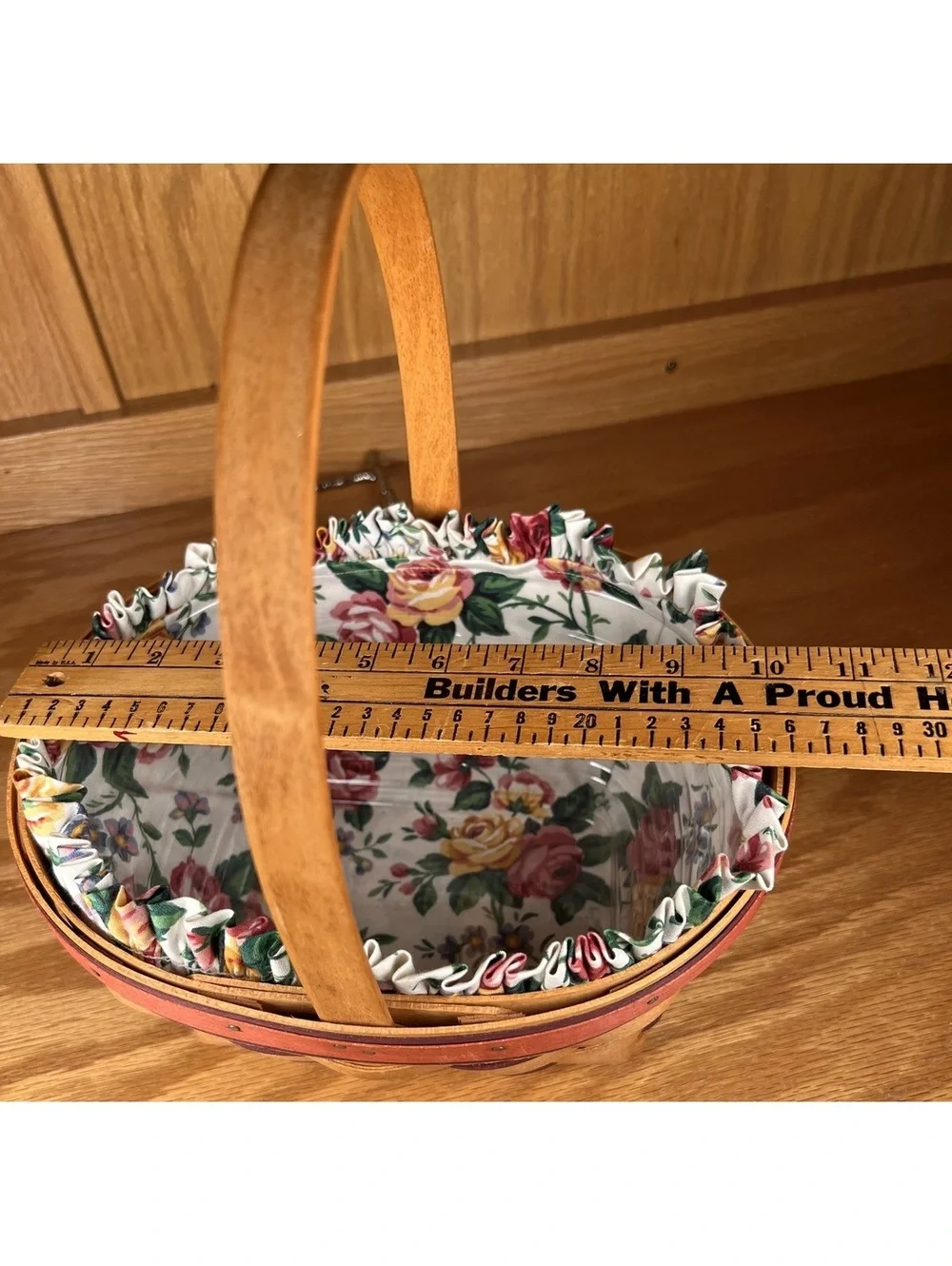 Longaberger 1995 Handwoven Wooden Basket with Floral Fabric Liner and Proteo